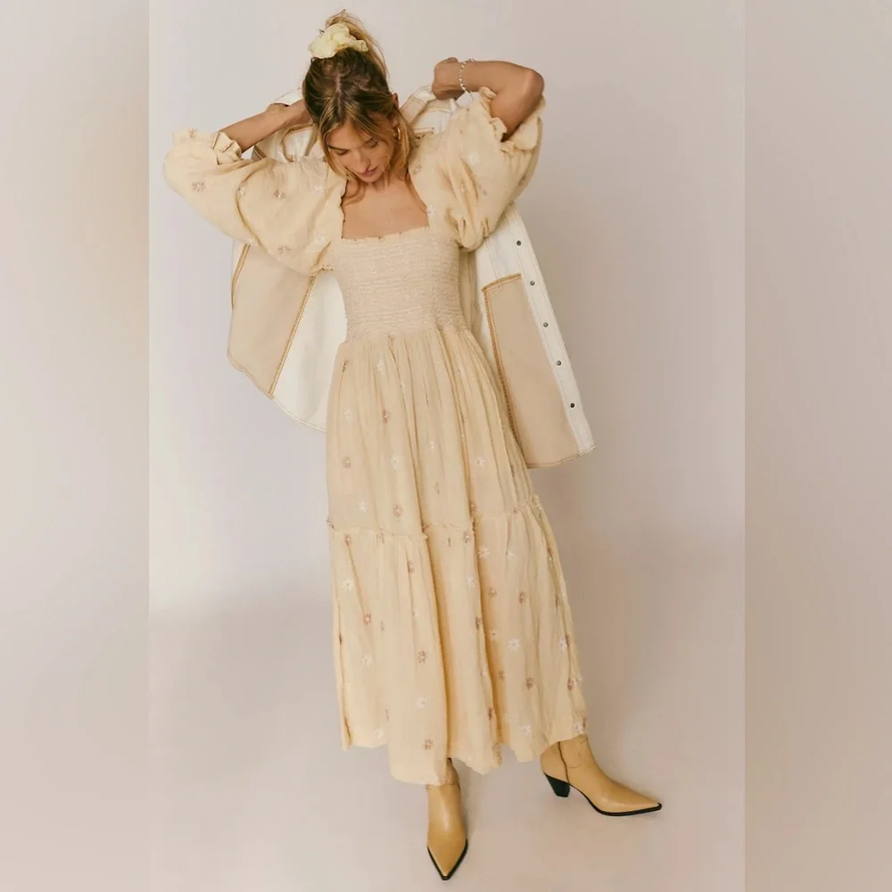Free People Dahlia Embroidered Maxi Dress in Pearl Island